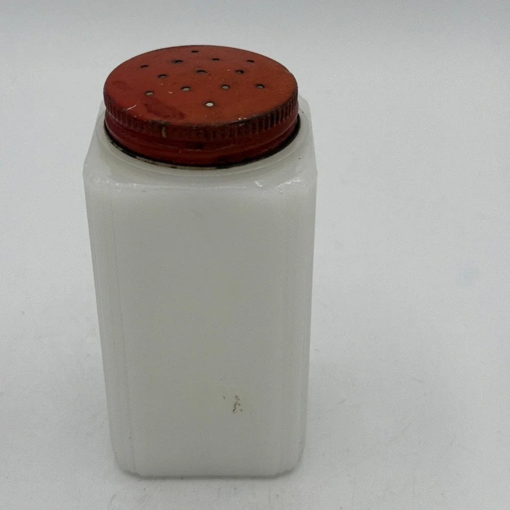 Vintage McKee Tipp City Milk Glass Salt Shaker Flower Pot Red Metal Lid 4